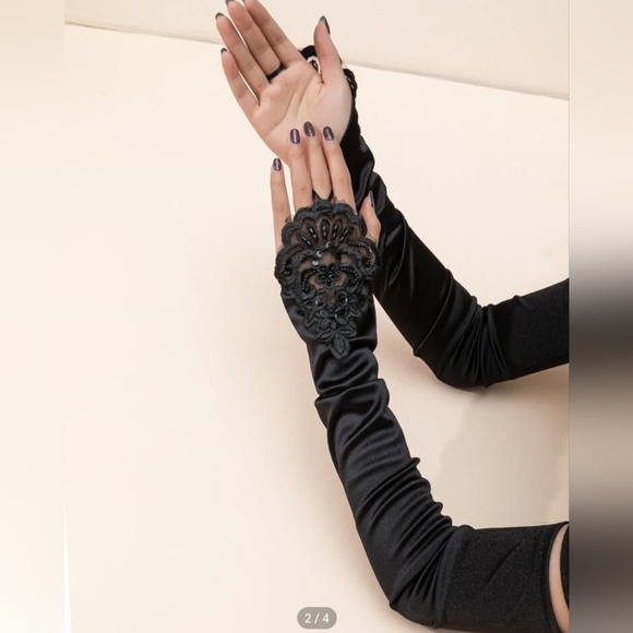 Bead Decor Flower Embroidered Long Fingerless Gloves - Picture 3 of 3